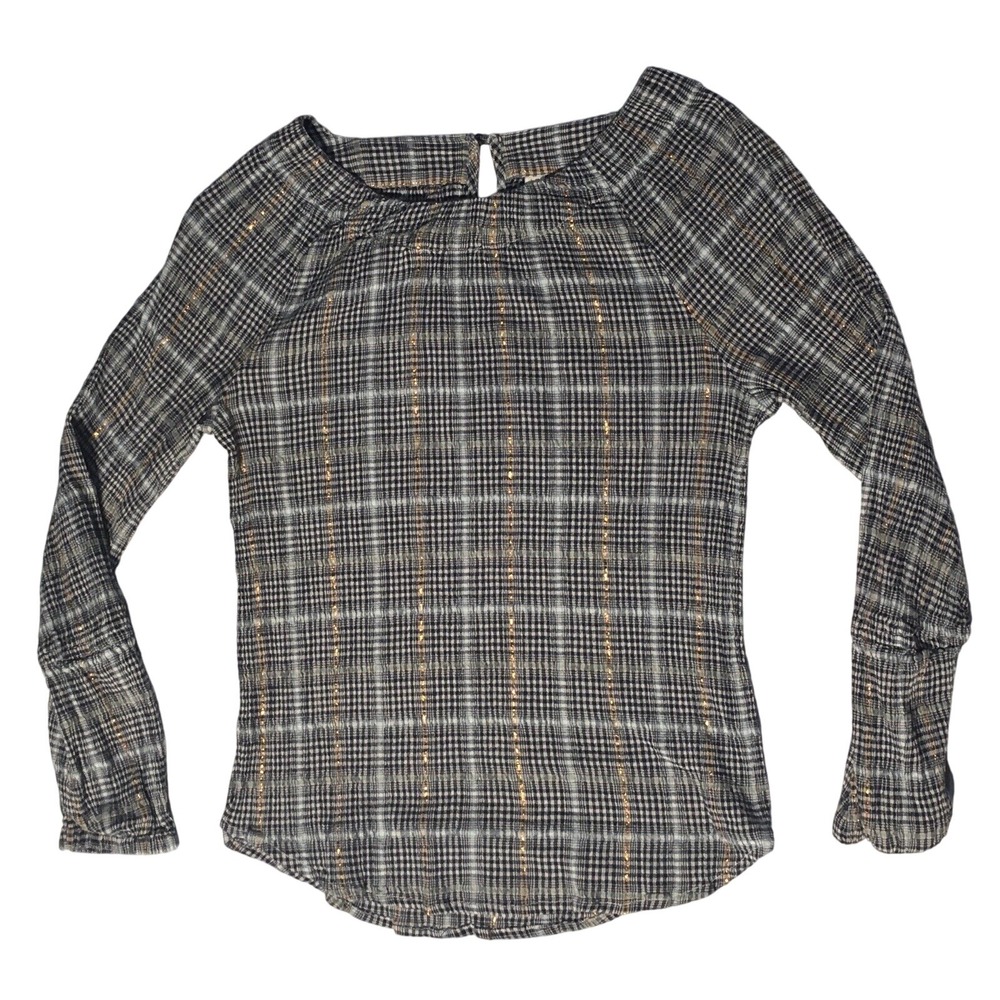Anthropologie Pilcro Shari Smocked Blouse Large Blue Plaid With Gold Striped‎